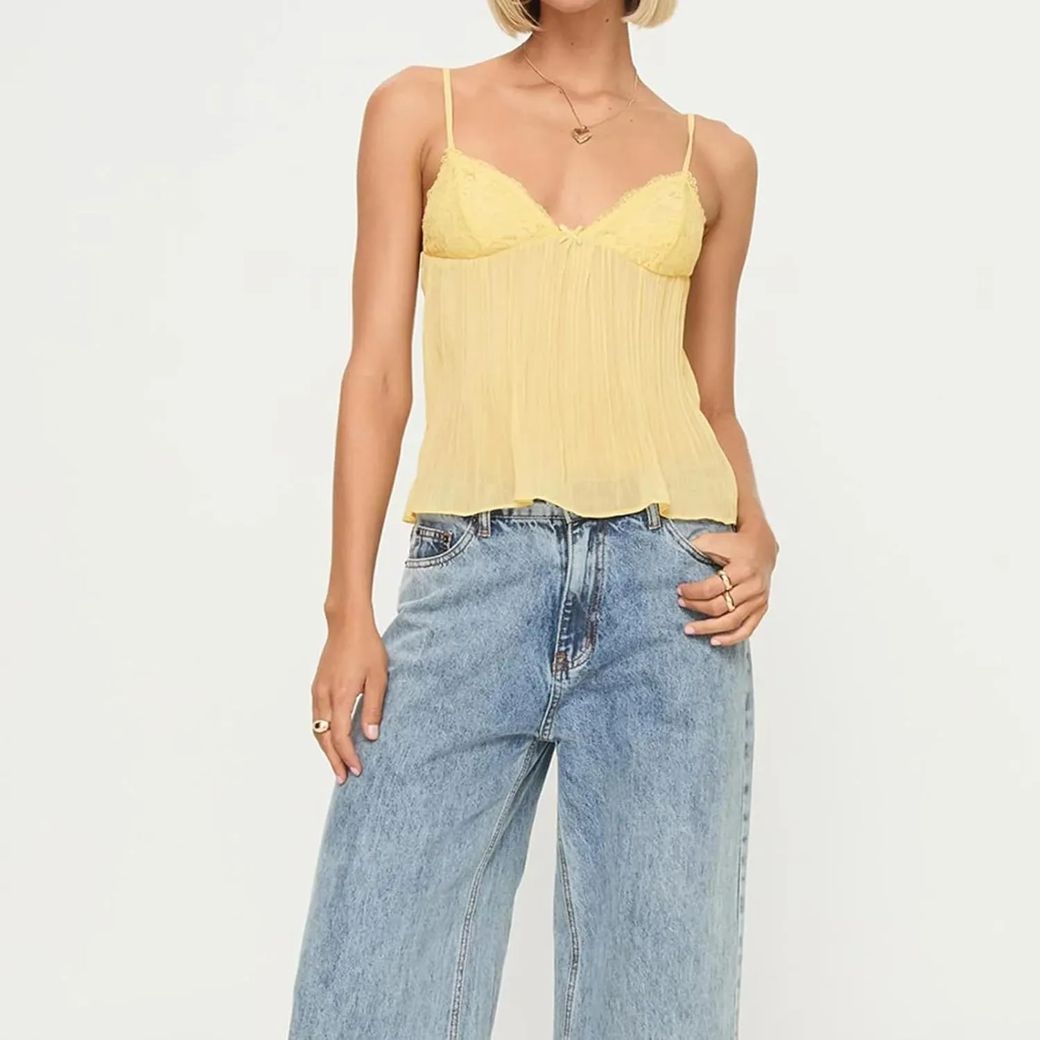 Women Y2K Cami Shirt Sexy Sleeveless V Neck Lace Ruffle Peplum Tank Top Cropped Spaghetti Strap Babydoll Camisole