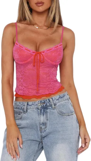 Women Y2K Camisole Spaghetti Strap Lace Trim Square Neck Tank Top Summer Basics Going Out Tops Streetwear