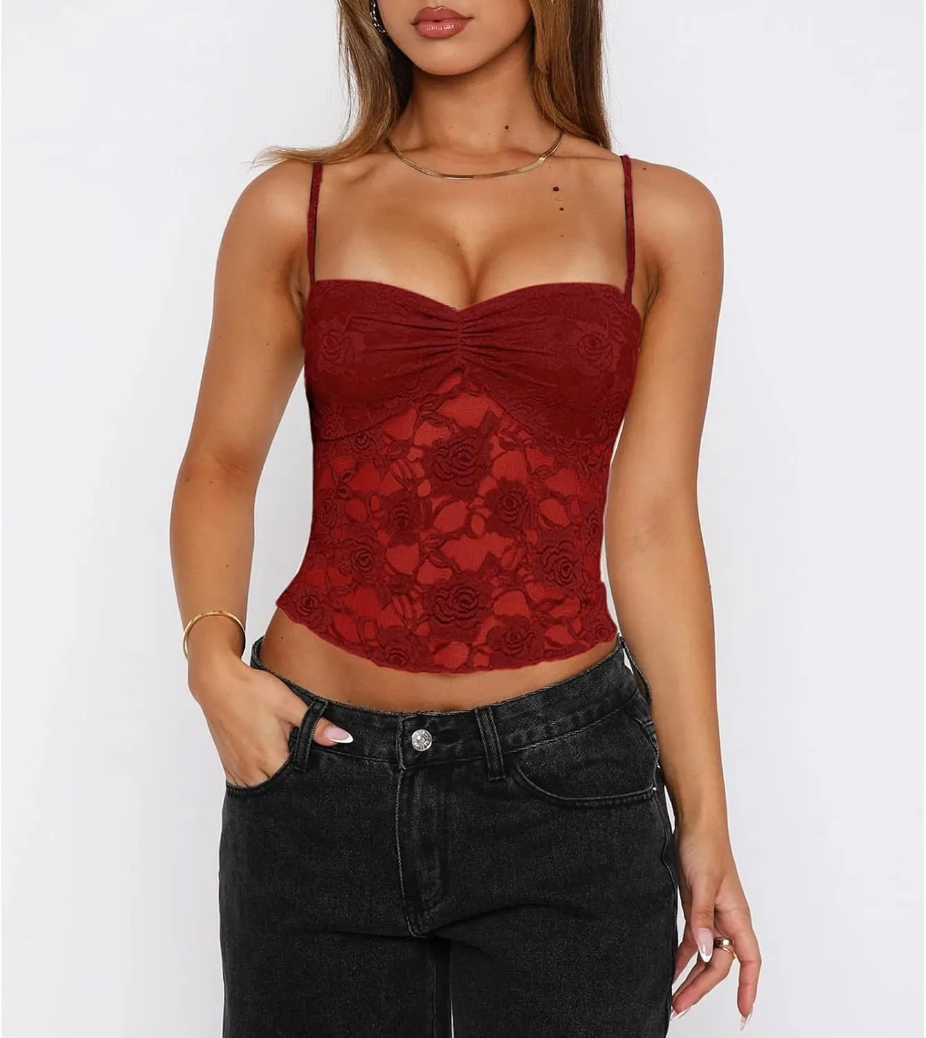 Women Y2k Sheer Lace Camisole Tops Spaghetti Strap See Through Sleeveless Going Out Tank Tops Sheer Mesh T Shirts
