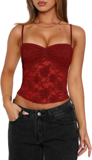 Women Y2k Sheer Lace Camisole Tops Spaghetti Strap See Through Sleeveless Going Out Tank Tops Sheer Mesh T Shirts