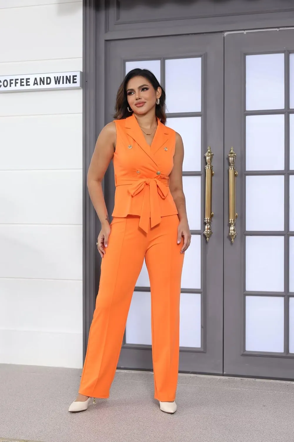 Womens 2 Piece Blazer Pants Set 2025 Trendy V Neck Sleeveless Belted Vest Straight Long Pants Business Suit Sets