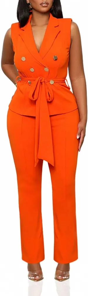 Womens 2 Piece Blazer Pants Set 2025 Trendy V Neck Sleeveless Belted Vest Straight Long Pants Business Suit Sets