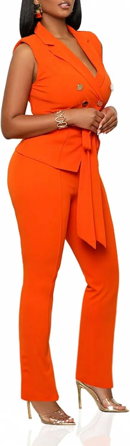 Womens 2 Piece Blazer Pants Set 2025 Trendy V Neck Sleeveless Belted Vest Straight Long Pants Business Suit Sets