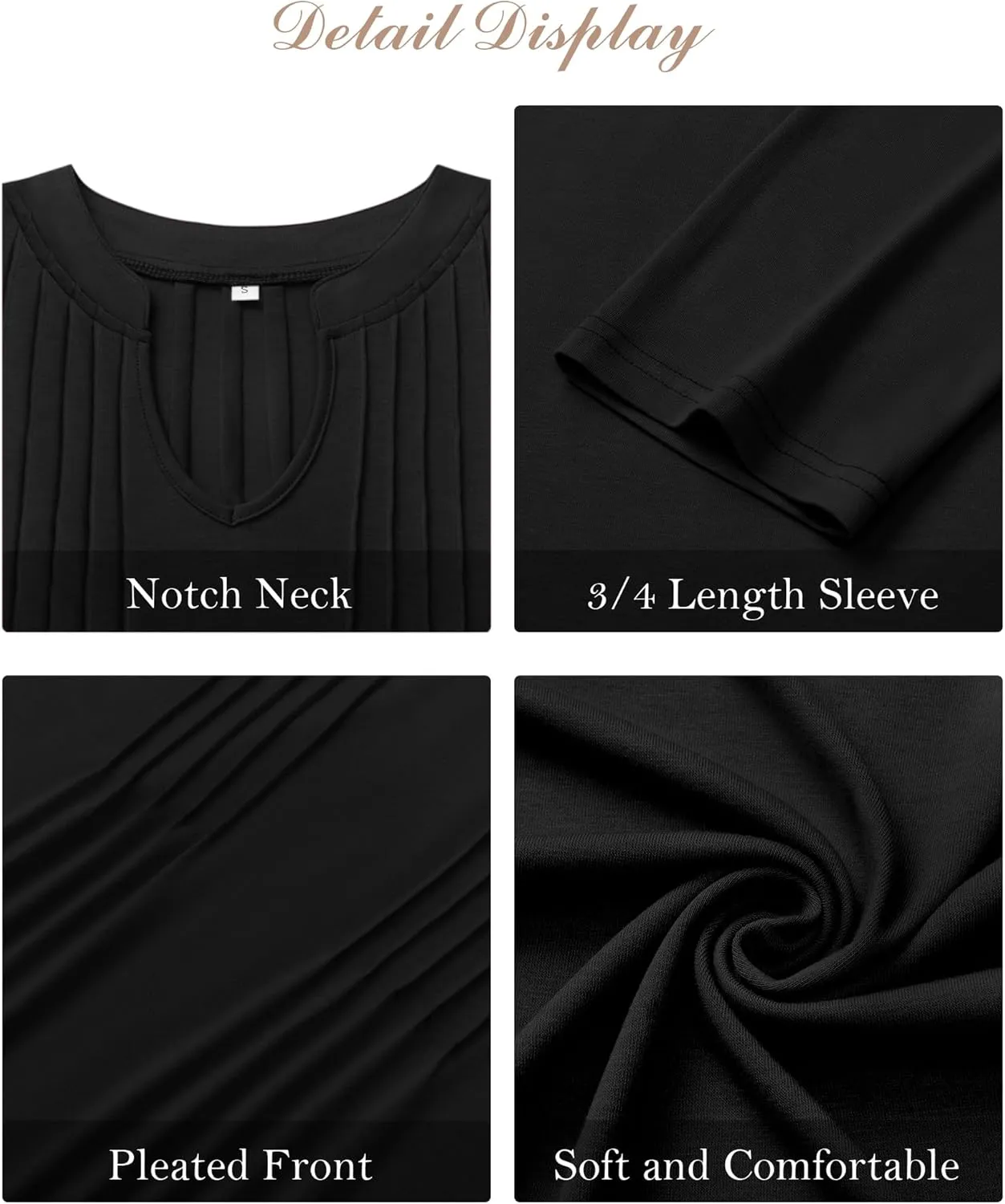 Womens 3/4 Sleeve Tops Business Casual Blouses V Neck Pleated Shirts Peasant Tunic Tops Dressy Casual Work Outfits