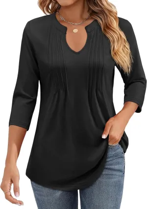 Womens 3/4 Sleeve Tops Business Casual Blouses V Neck Pleated Shirts Peasant Tunic Tops Dressy Casual Work Outfits