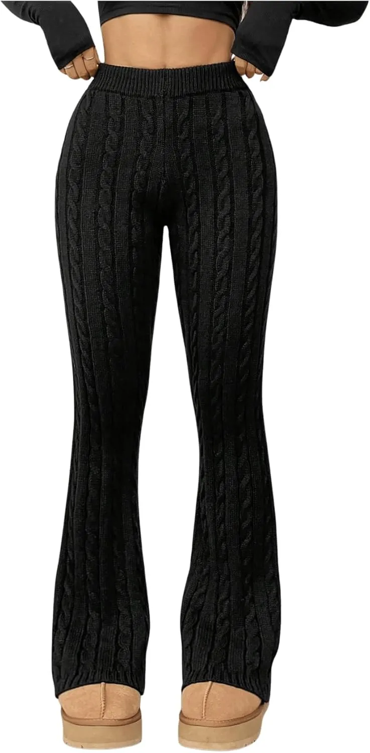 Women's Cable Knit Flare Pants Elastic High Waisted Bell Bottom Leggings Trousers