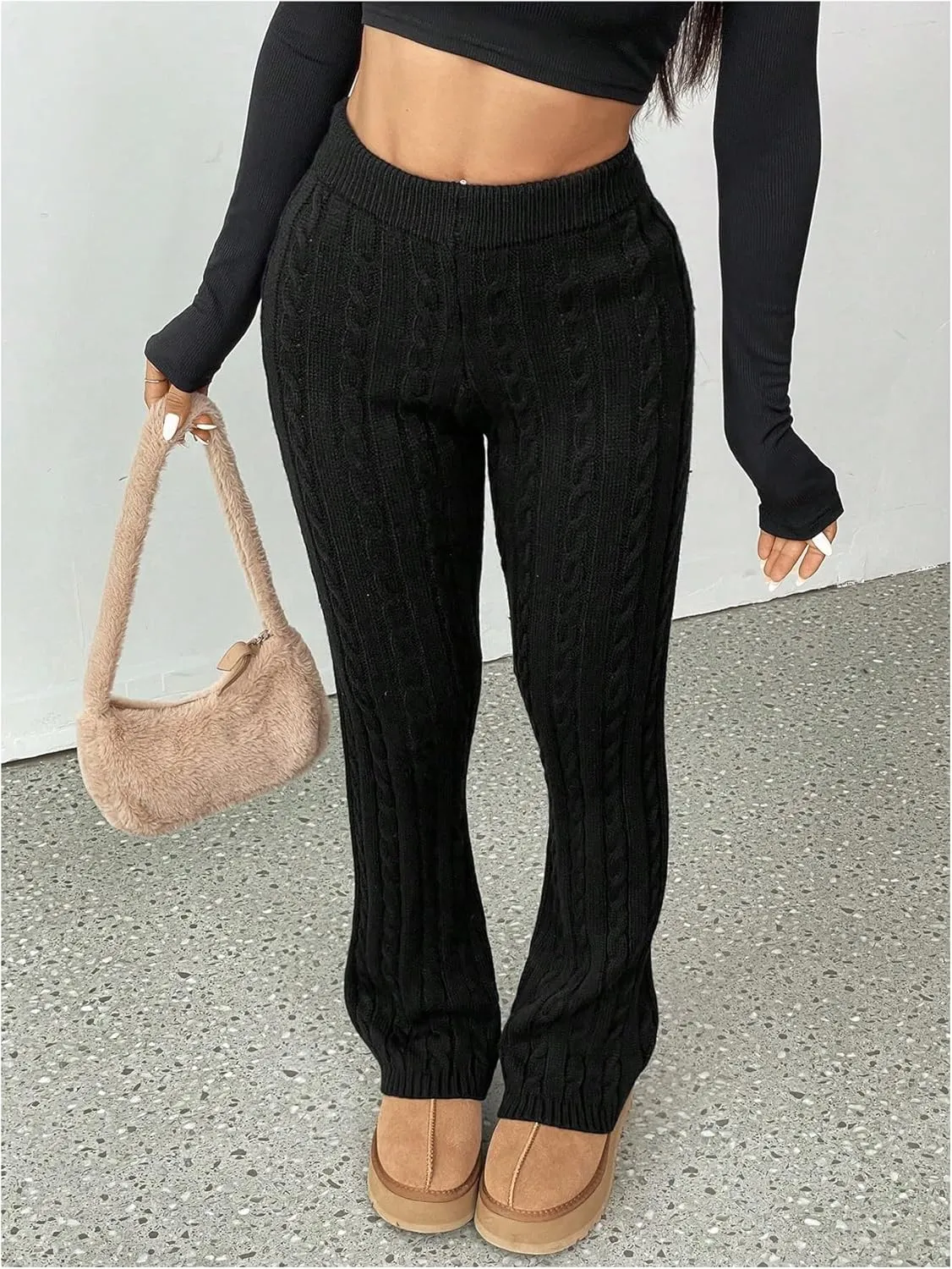Women's Cable Knit Flare Pants Elastic High Waisted Bell Bottom Leggings Trousers