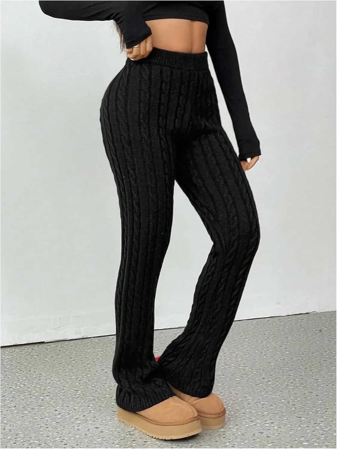 Women's Cable Knit Flare Pants Elastic High Waisted Bell Bottom Leggings Trousers