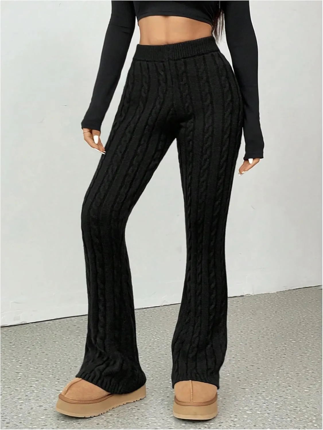 Women's Cable Knit Flare Pants Elastic High Waisted Bell Bottom Leggings Trousers