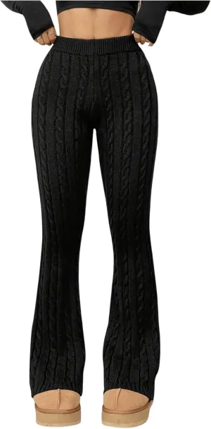Women's Cable Knit Flare Pants Elastic High Waisted Bell Bottom Leggings Trousers