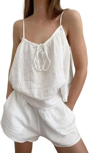 Womens Cami Pajama Set Cotton Tie Up Camisole Shorts Pj Set Y2K Sleepwear Lounge Outfits