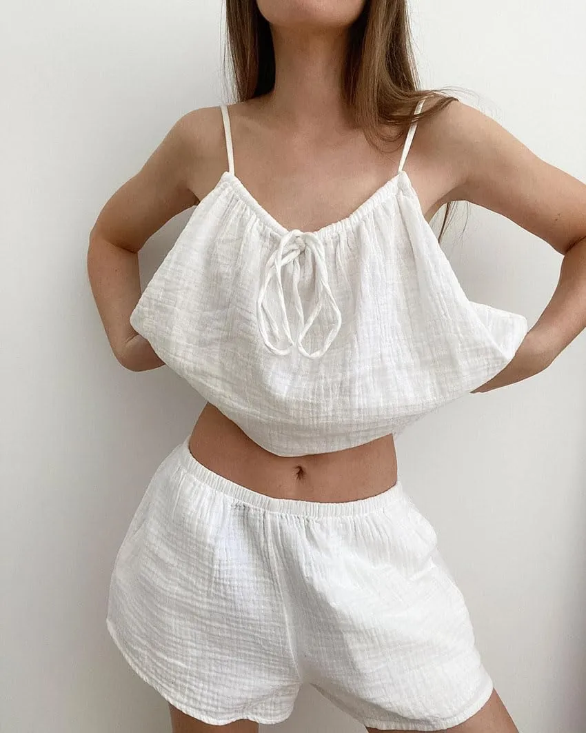 Womens Cami Pajama Set Cotton Tie Up Camisole Shorts Pj Set Y2K Sleepwear Lounge Outfits