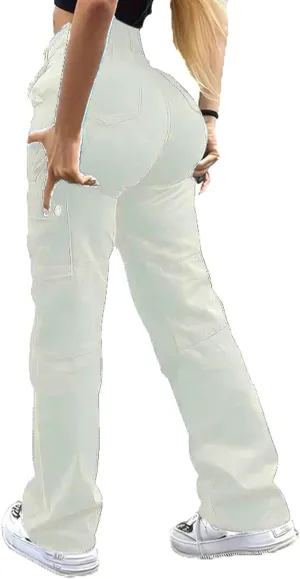 Women's Cargo Pants Jeans High Waisted Baggy Y2K Stretchy Wide Leg Straight Casual Pants Streetwear with 6 Pockets