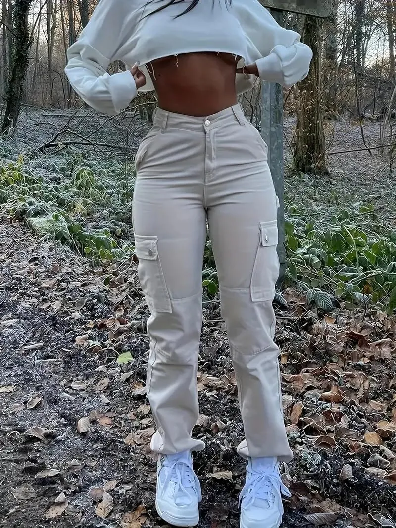 Women's Cargo Pants Jeans High Waisted Baggy Y2K Stretchy Wide Leg Straight Casual Pants Streetwear with 6 Pockets