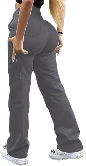 Women's Cargo Pants Jeans High Waisted Baggy Y2K Stretchy Wide Leg Straight Casual Pants Streetwear with 6 Pockets
