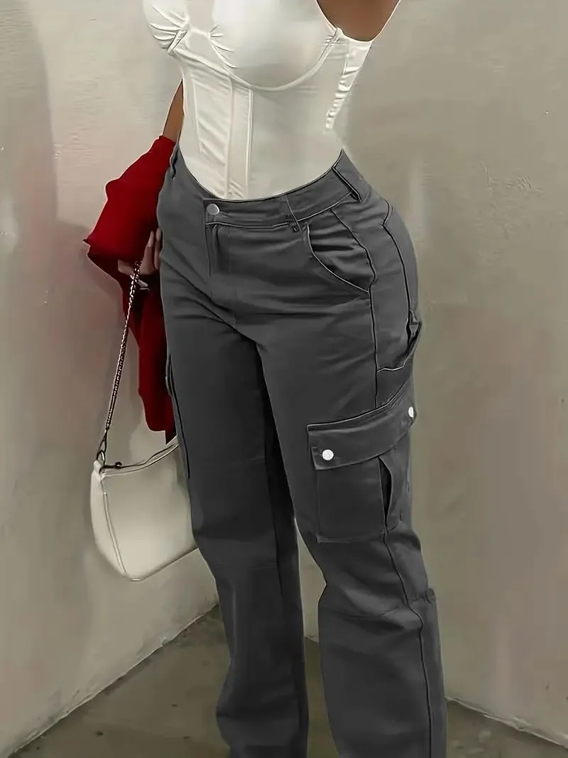 Women's Cargo Pants Jeans High Waisted Baggy Y2K Stretchy Wide Leg Straight Casual Pants Streetwear with 6 Pockets