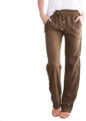 Womens Casual Cotton Linen Pants Lightweight Straight Leg Elastic Drawstring Trousers Summer Loose Fit Lounge Pants