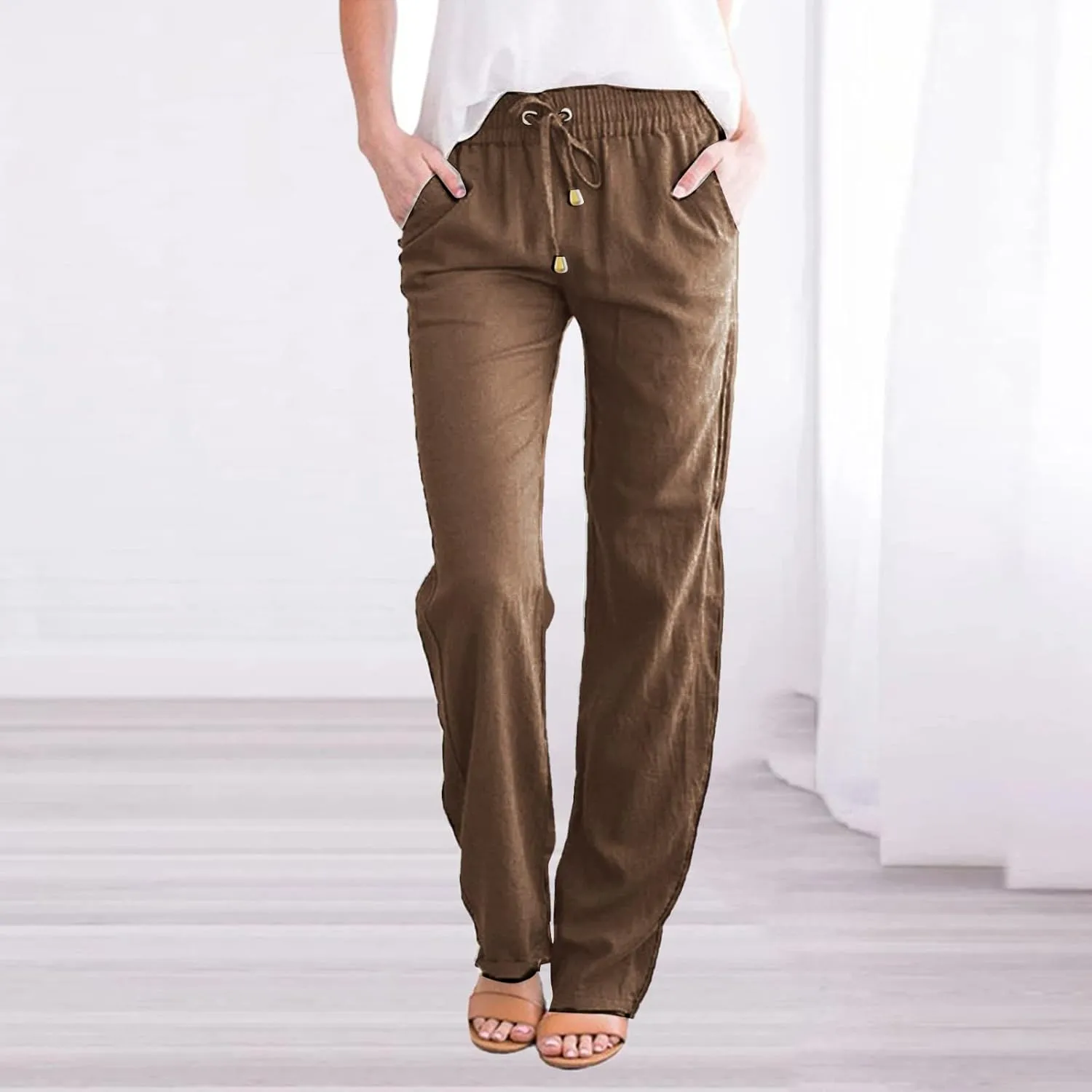 Womens Casual Cotton Linen Pants Lightweight Straight Leg Elastic Drawstring Trousers Summer Loose Fit Lounge Pants