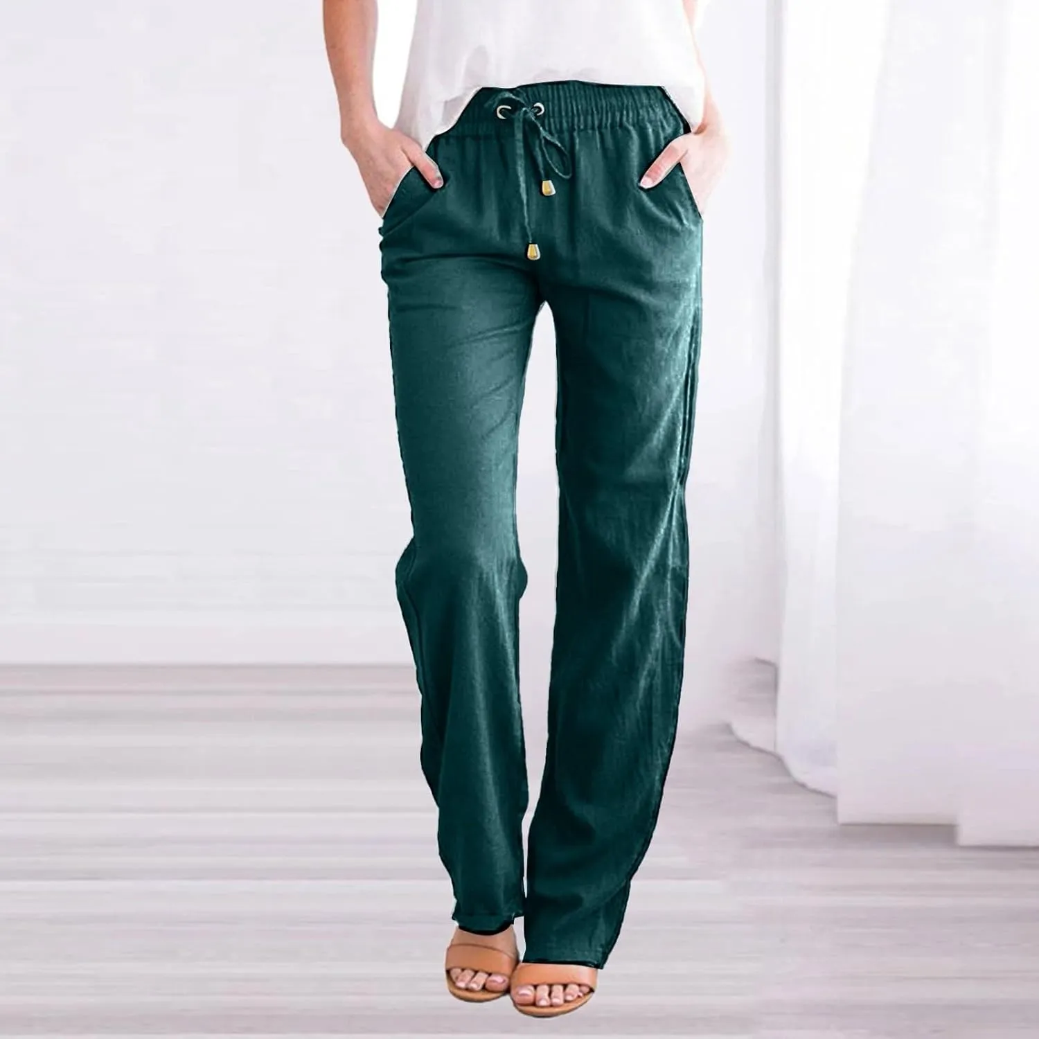 Womens Casual Cotton Linen Pants Lightweight Straight Leg Elastic Drawstring Trousers Summer Loose Fit Lounge Pants