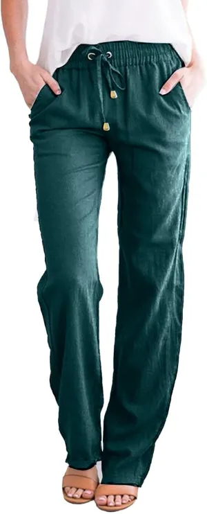Womens Casual Cotton Linen Pants Lightweight Straight Leg Elastic Drawstring Trousers Summer Loose Fit Lounge Pants