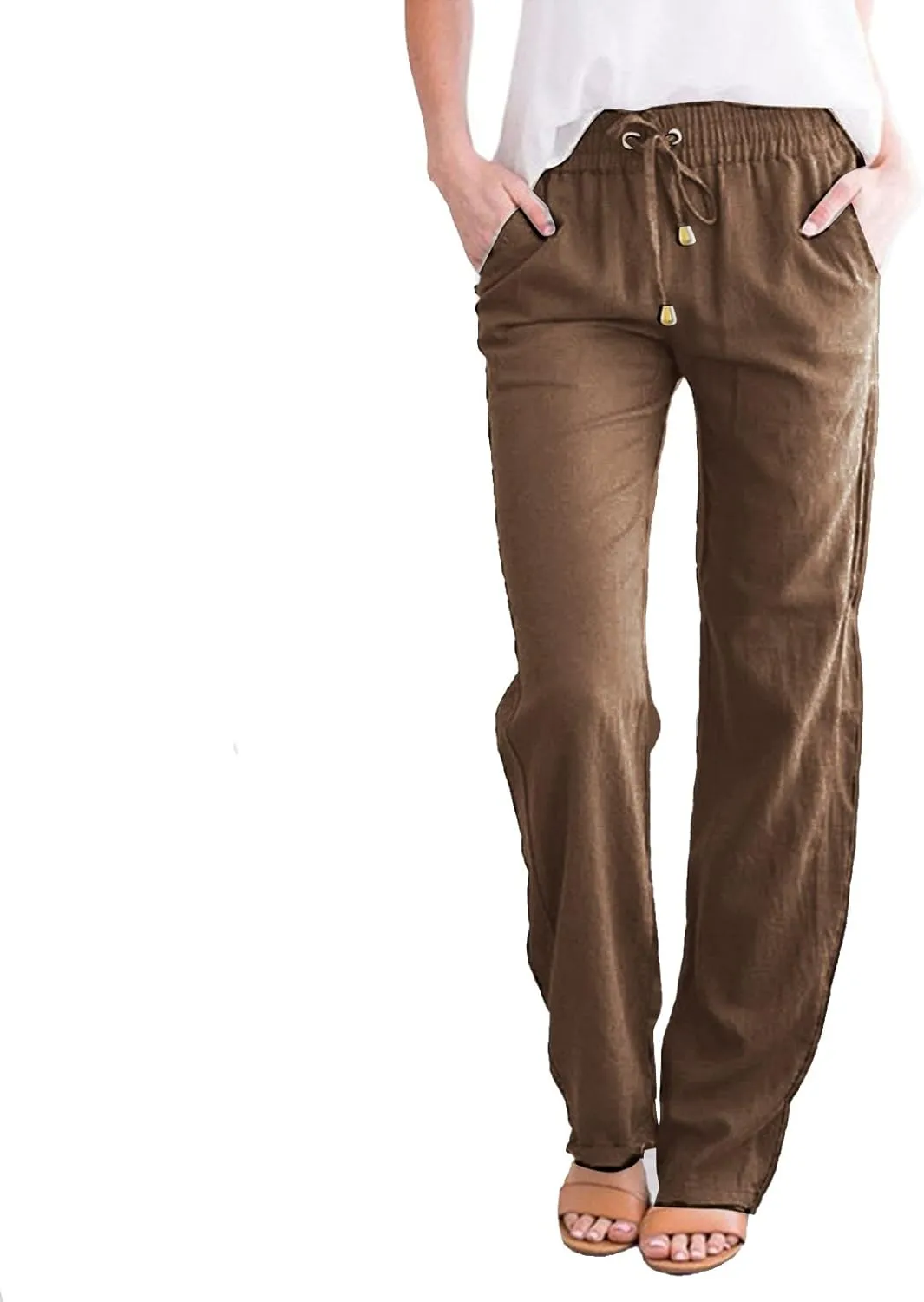 Womens Casual Cotton Linen Pants Lightweight Straight Leg Elastic Drawstring Trousers Summer Loose Fit Lounge Pants