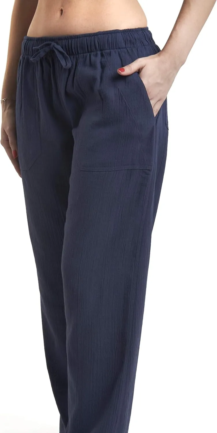 Women's Cotton Gauze Low Waist Beach Pants with Pockets