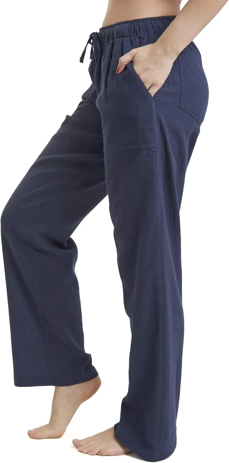 Women's Cotton Gauze Low Waist Beach Pants with Pockets