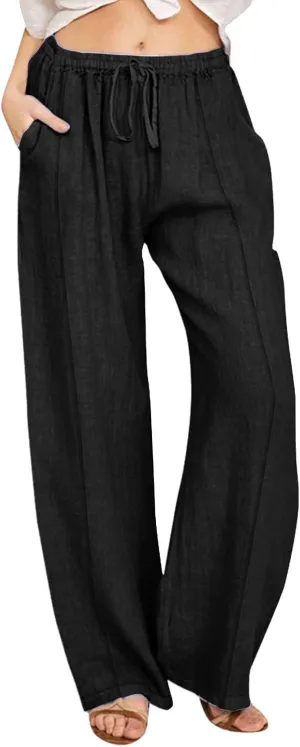 Womens Cotton Linen Pants High Waisted Baggy Pants with Elastic Waist Relax Fit Lantern Trouser with Pockets
