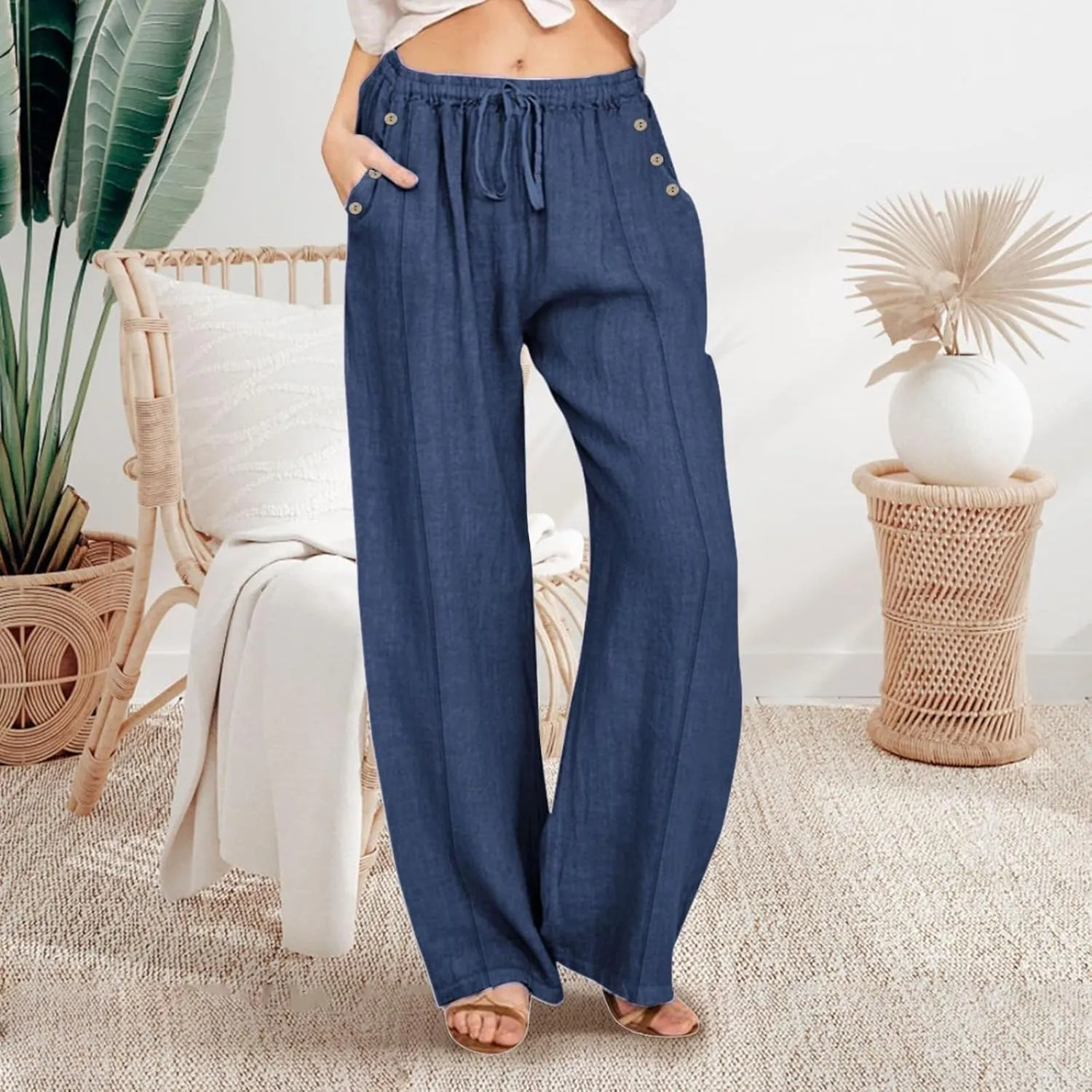 Womens Cotton Linen Pants High Waisted Baggy Pants with Elastic Waist Relax Fit Lantern Trouser with Pockets