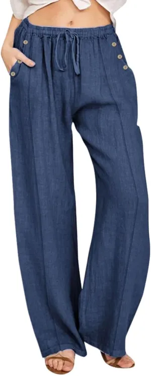 Womens Cotton Linen Pants High Waisted Baggy Pants with Elastic Waist Relax Fit Lantern Trouser with Pockets