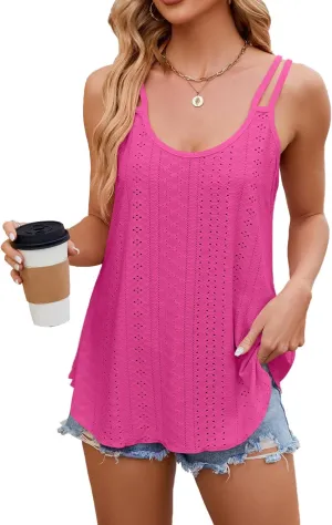 Women's Cute Tank Tops Eyelet Sleeveless Spaghetti Strap Scoop Neck Loose Casual Flowy Shirts