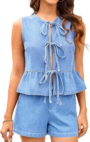 Women's Denim Vest Top Sleeveless V Neck Tie Front Jean Vest Trendy Summer 2025 Casual Waistcoat Y2K Peplum Tank Tops