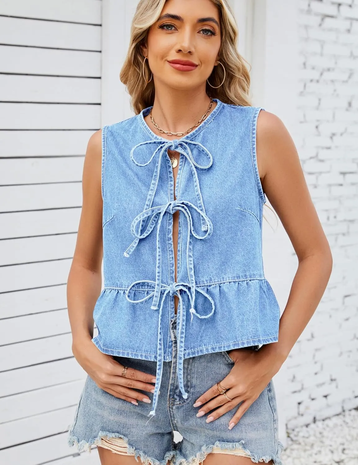 Women's Denim Vest Top Sleeveless V Neck Tie Front Jean Vest Trendy Summer 2025 Casual Waistcoat Y2K Peplum Tank Tops