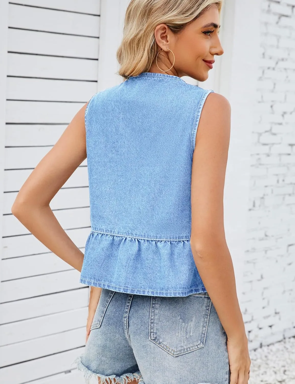 Women's Denim Vest Top Sleeveless V Neck Tie Front Jean Vest Trendy Summer 2025 Casual Waistcoat Y2K Peplum Tank Tops