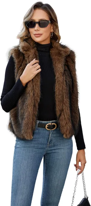 Womens Faux Fur Vest Stand Collar Sleeveless Open Front Cardigan Top Fuzzy Coats Jacket Fluffy Outwear with Pockets
