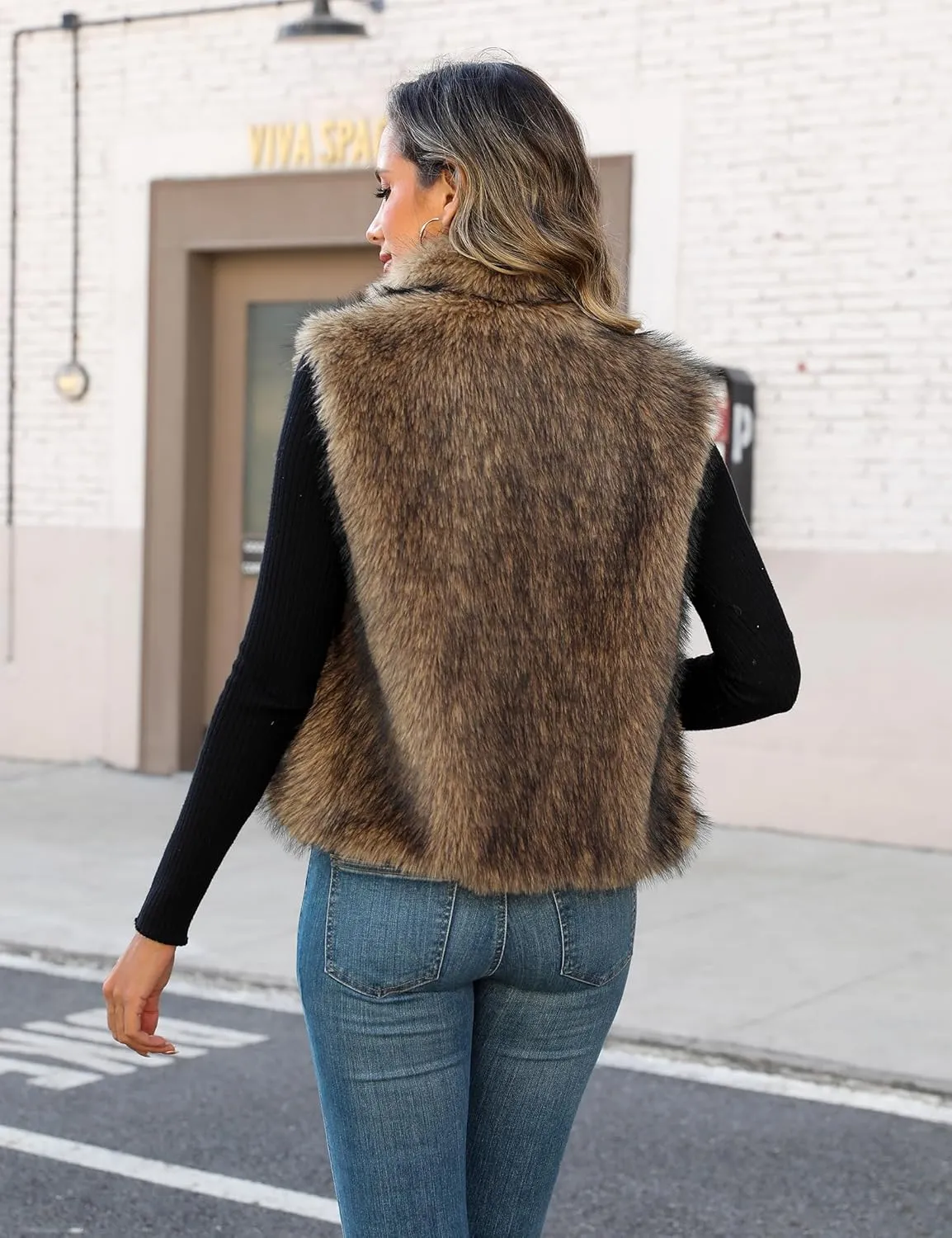 Womens Faux Fur Vest Stand Collar Sleeveless Open Front Cardigan Top Fuzzy Coats Jacket Fluffy Outwear with Pockets