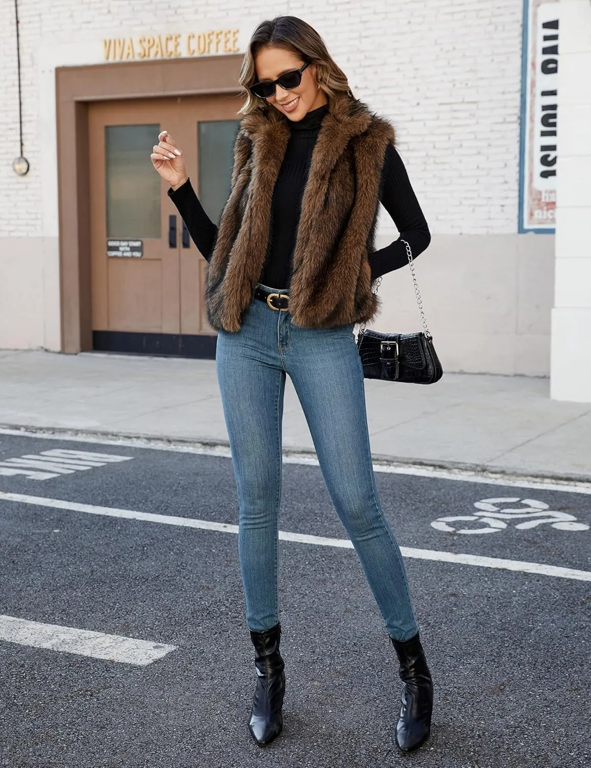 Womens Faux Fur Vest Stand Collar Sleeveless Open Front Cardigan Top Fuzzy Coats Jacket Fluffy Outwear with Pockets