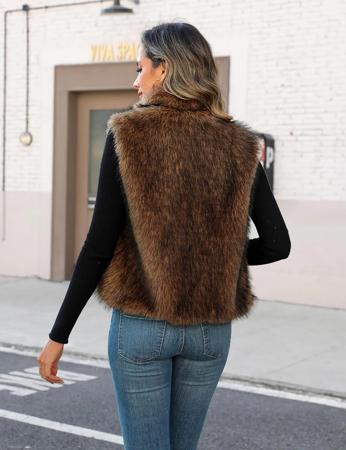 Womens Faux Fur Vest Stand Collar Sleeveless Open Front Cardigan Top Fuzzy Coats Jacket Fluffy Outwear with Pockets