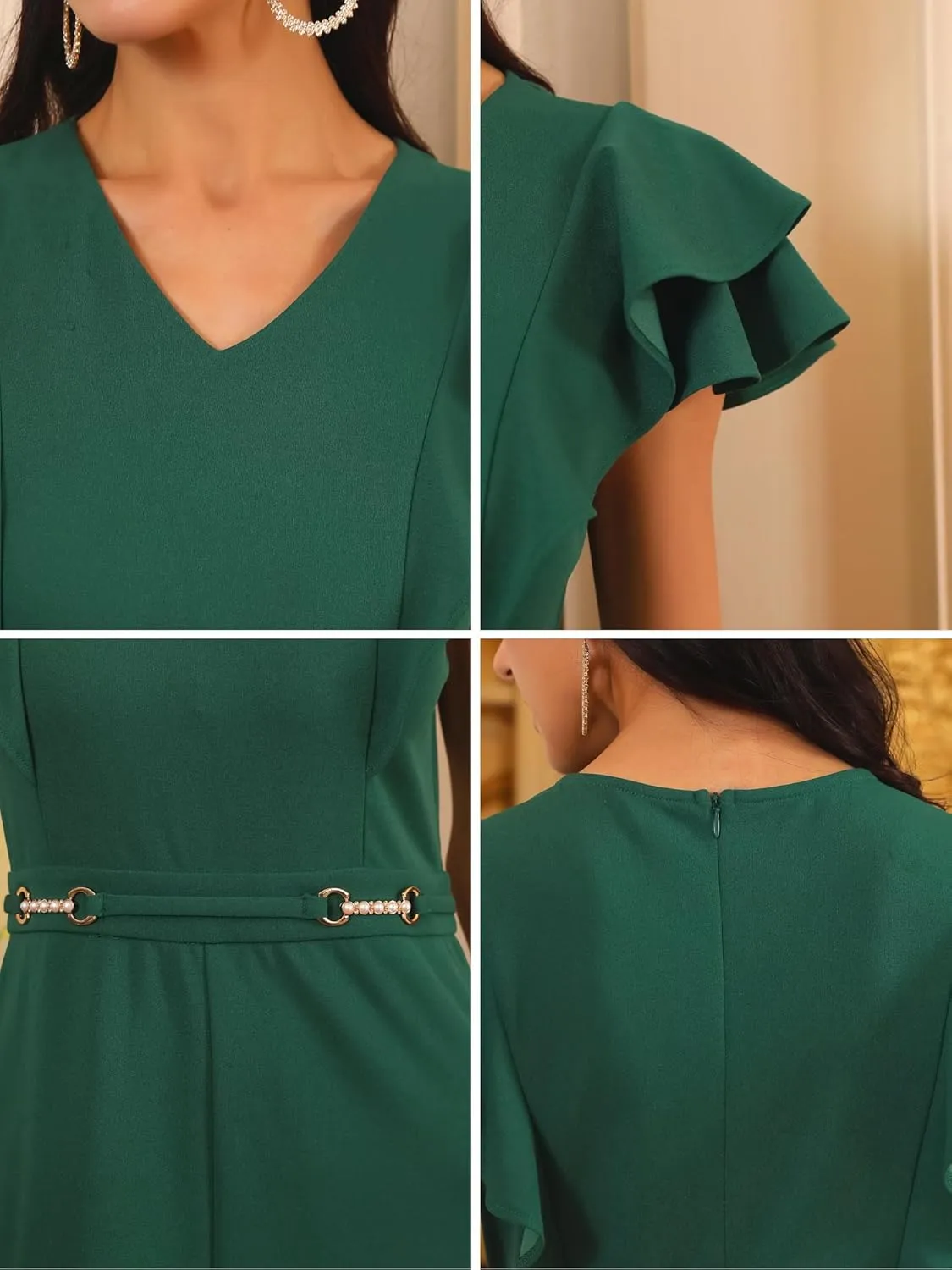 Women's Formal Jumpsuits Ruffled Sleeve High Waist V Neck Dressy Long Wide Legs Pants