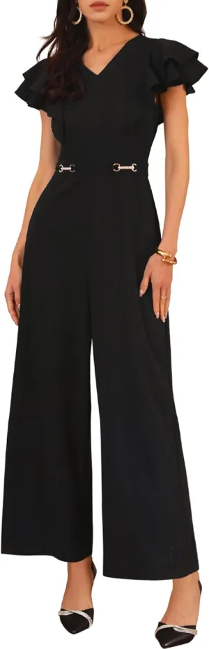 Women's Formal Jumpsuits Ruffled Sleeve High Waist V Neck Dressy Long Wide Legs Pants