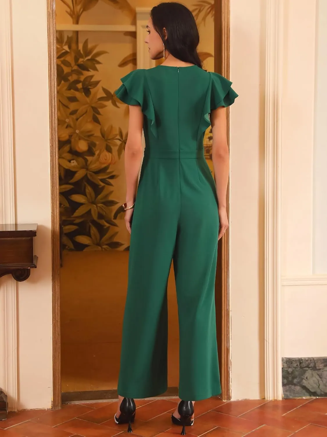 Women's Formal Jumpsuits Ruffled Sleeve High Waist V Neck Dressy Long Wide Legs Pants