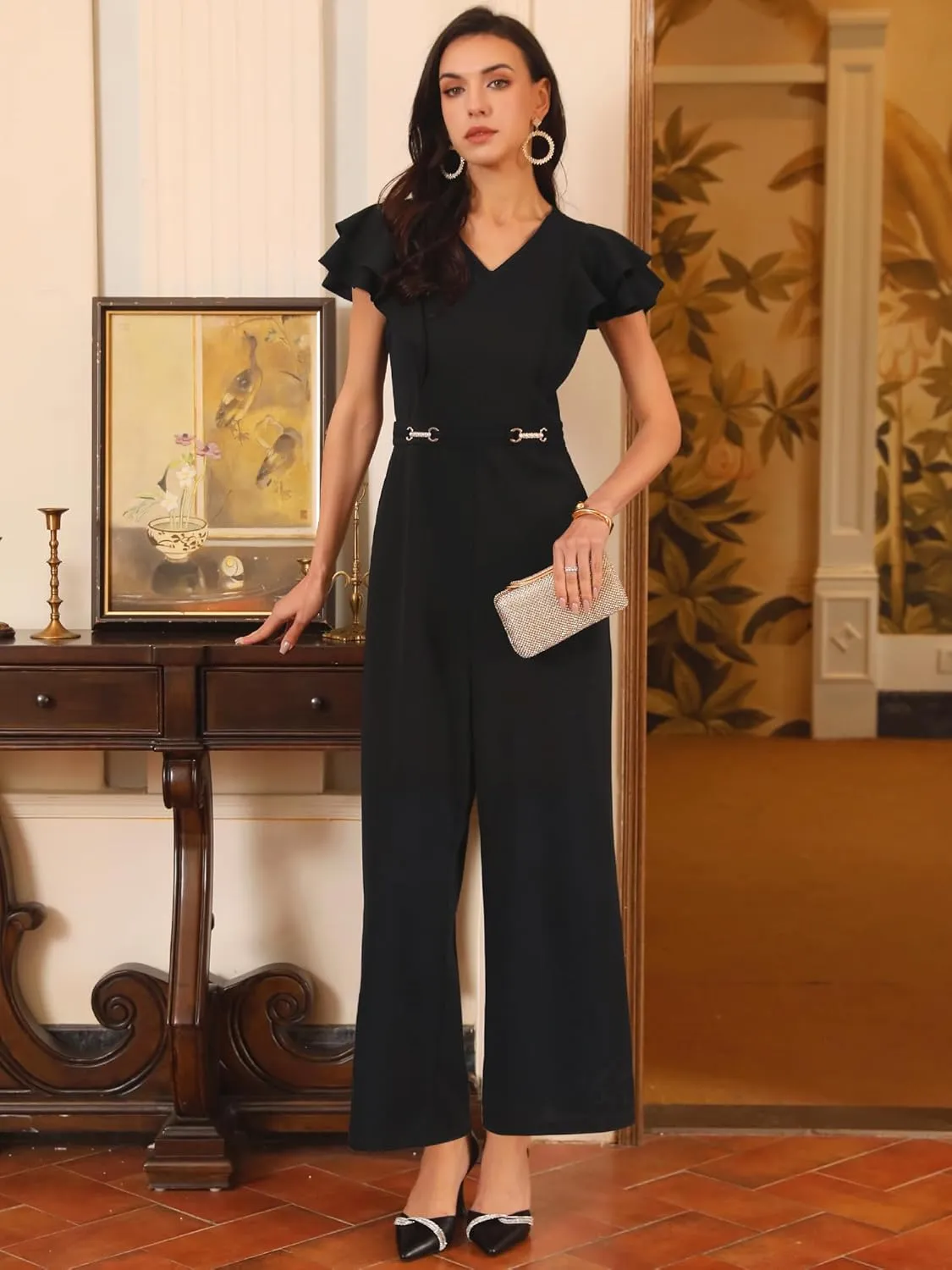 Women's Formal Jumpsuits Ruffled Sleeve High Waist V Neck Dressy Long Wide Legs Pants