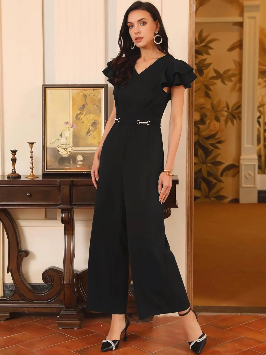 Women's Formal Jumpsuits Ruffled Sleeve High Waist V Neck Dressy Long Wide Legs Pants