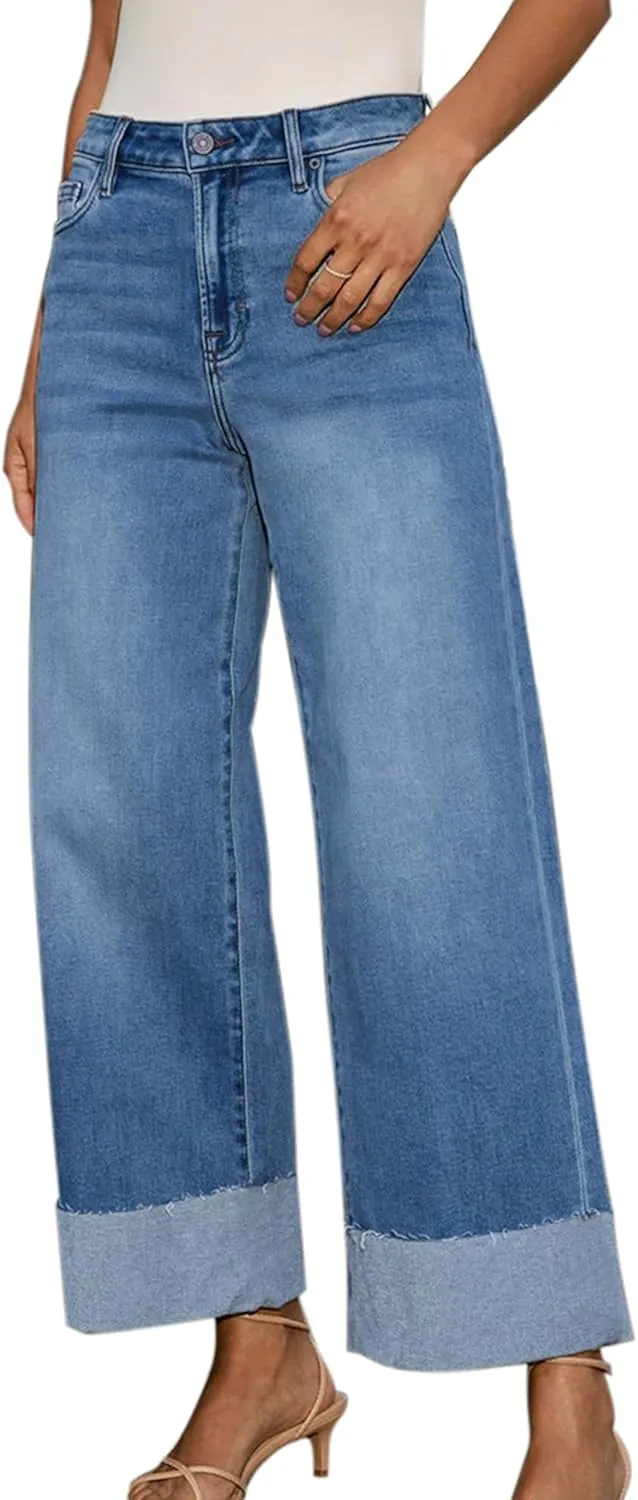 Women's High Waisted Wide Leg Jeans Stretch Frayed Raw Hem Straight Leg Boyfriend Cuffed Jeans Trendy 2025