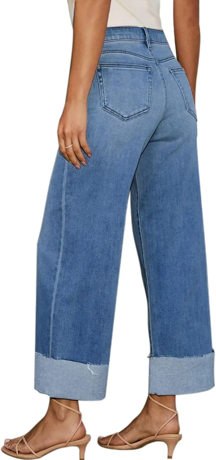 Women's High Waisted Wide Leg Jeans Stretch Frayed Raw Hem Straight Leg Boyfriend Cuffed Jeans Trendy 2025