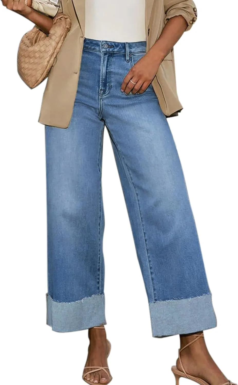 Women's High Waisted Wide Leg Jeans Stretch Frayed Raw Hem Straight Leg Boyfriend Cuffed Jeans Trendy 2025