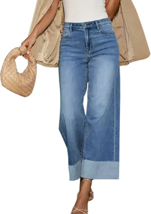Women's High Waisted Wide Leg Jeans Stretch Frayed Raw Hem Straight Leg Boyfriend Cuffed Jeans Trendy 2025