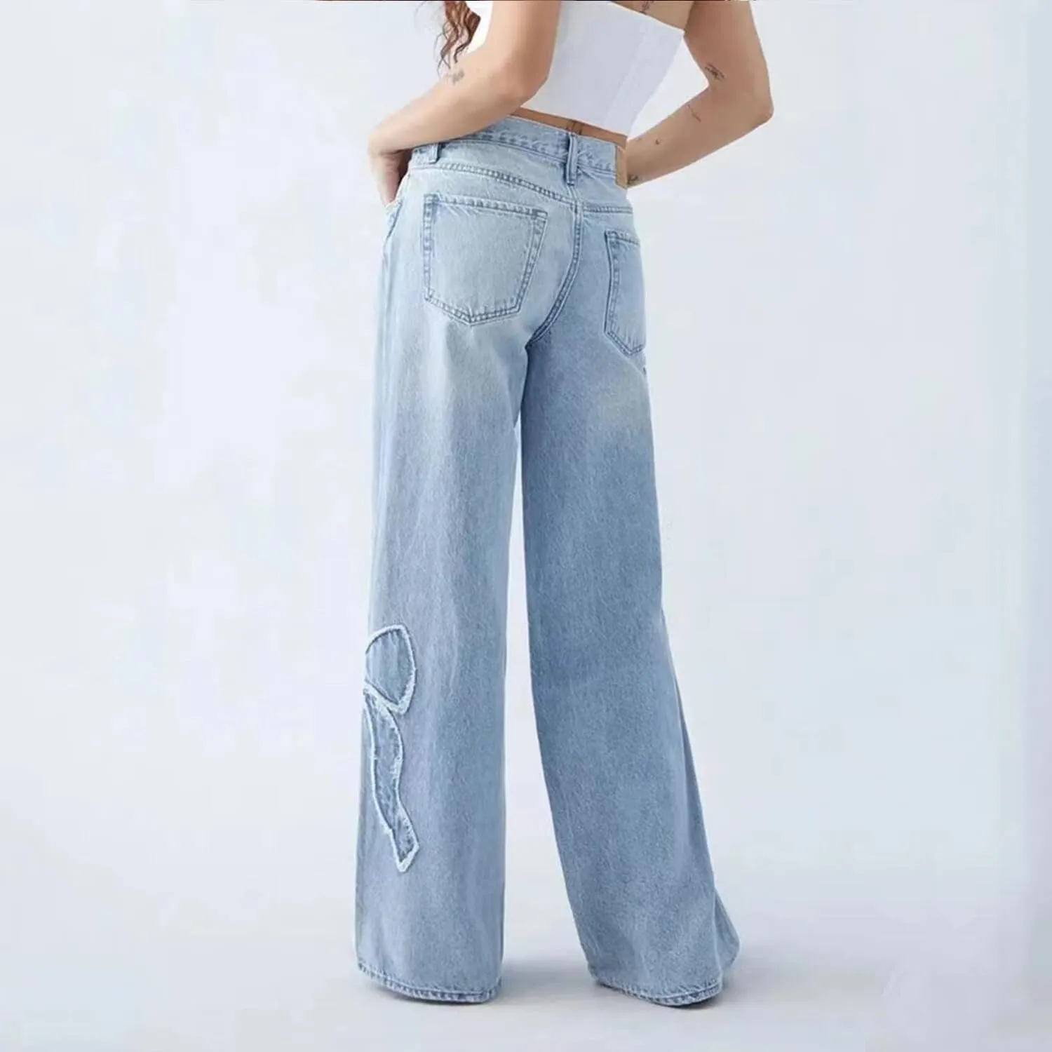 Womens Jeans Bowknot High Waisted Denim Pants Straight Leg Y2K Casual Baggy Trousers