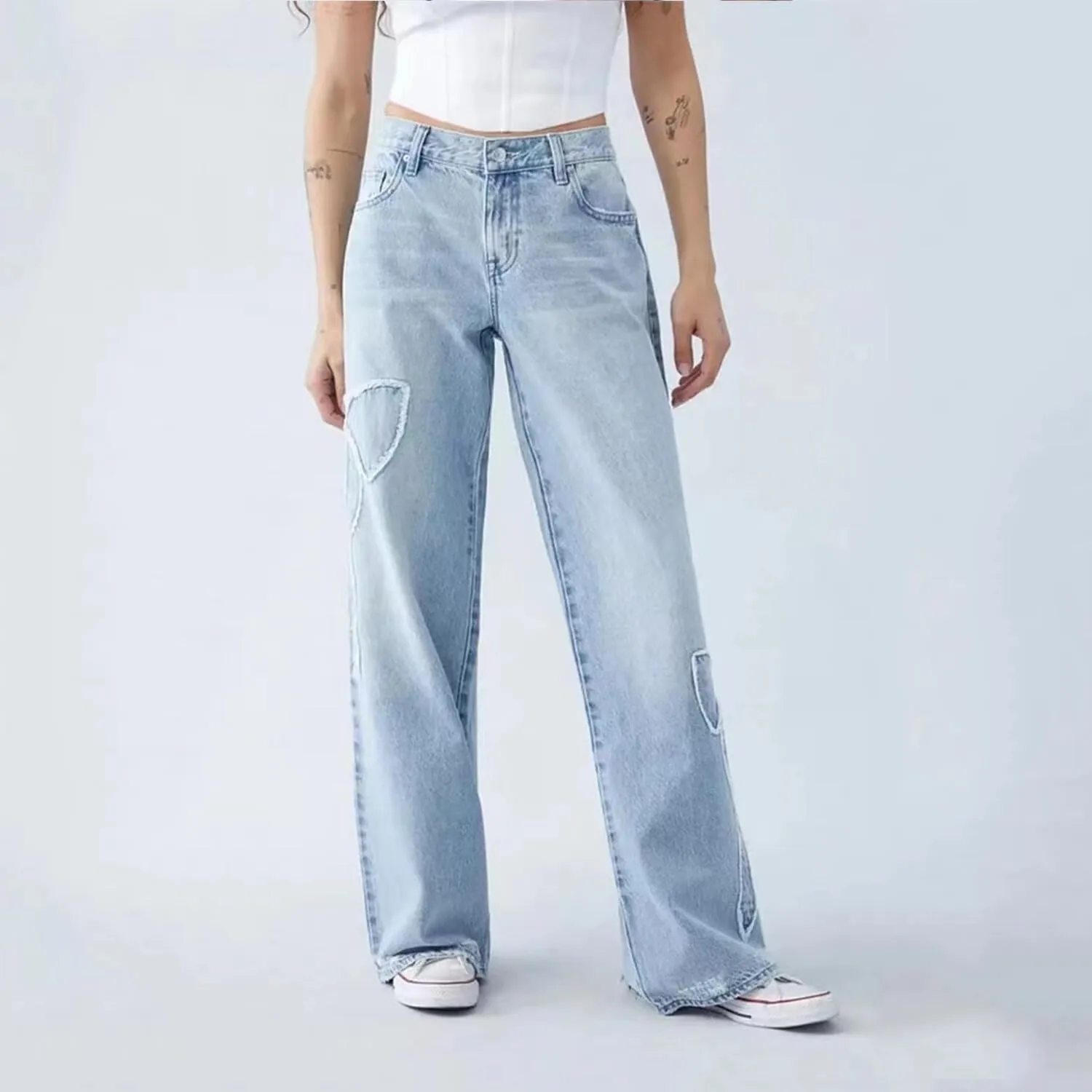 Womens Jeans Bowknot High Waisted Denim Pants Straight Leg Y2K Casual Baggy Trousers