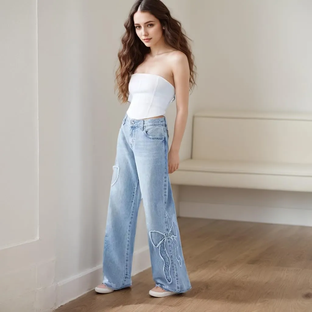 Womens Jeans Bowknot High Waisted Denim Pants Straight Leg Y2K Casual Baggy Trousers